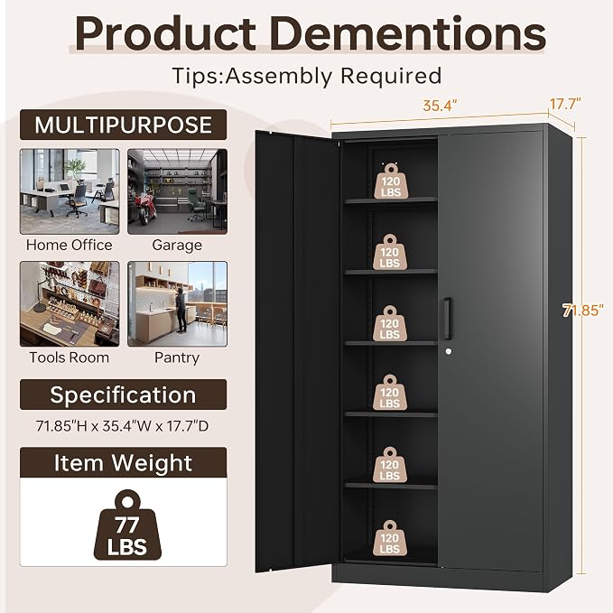 72"H Metal Storage Cabinets, Tall Locking Garage Cabinet with 2 Doors and 5 Adjustable Shelves, Steel Utility Tool Caninet, Black Lockable Outdoor Storage Cabnet for Pantry, Garage, Home Office