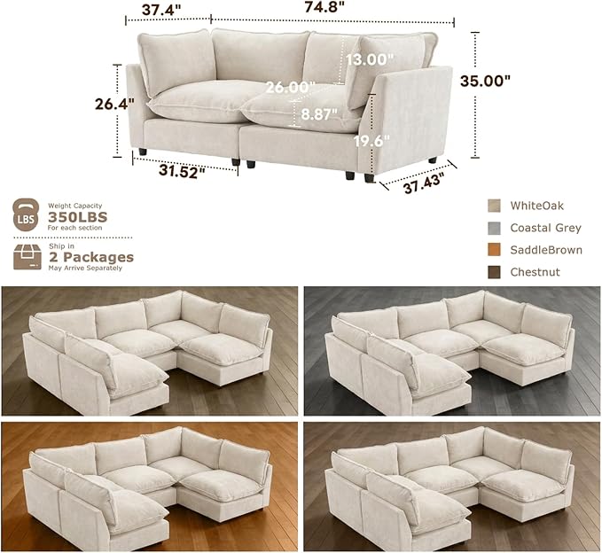 Iroomy Modular Sectional Sofa, Oversized Chenille Cloud Couch, Deep Comfy Seat, 2-Seater Sofas Couches for Living Room, Beige, High Feet