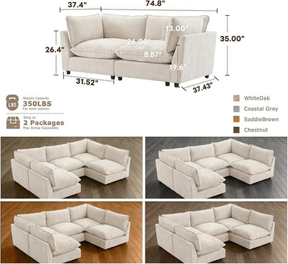 Iroomy Modular Sectional Sofa, Oversized Chenille Cloud Couch, Deep Comfy Seat, 2-Seater Sofas Couches for Living Room, Beige, High Feet
