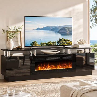 70" TV Stand for Living Room, Modern Entertainment Center & Media Console, Fits TVs up to 80", Storage Cabinet with Shelves, 36" Electric Fireplace with LED Flame (All Black)