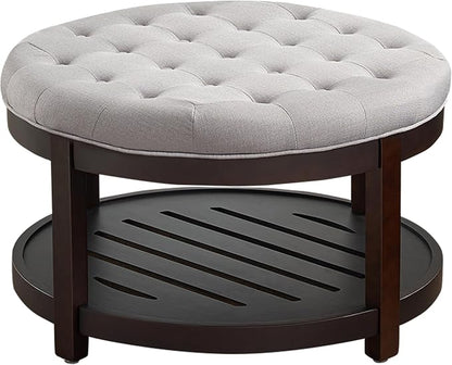 adochr Round Coffee Tables for Living Room,33’’ Storage Ottoman with Wooden Tray, Upholstered Ottoman Footrest Light Grey