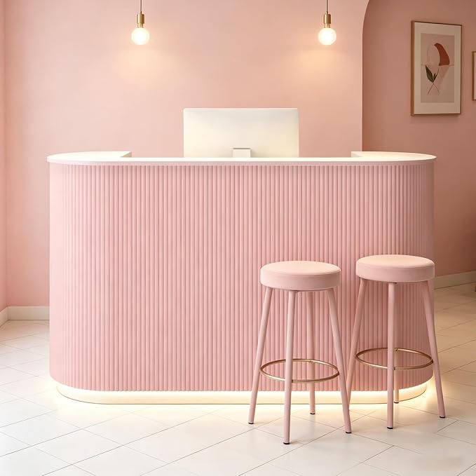 Modern Reception Desk Check Out Counter Front Desk for Spa Salon Office | Power Outlet Lockable Cabinet Keyboard Tray Privacy Panel Cable Grommet Open Storage Storage Cabinet
