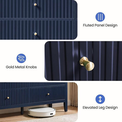 RoyalCraft 6 Drawer Dresser, Fluted Modern Wood Chest of Drawers, Long Dresser for Bedroom TV Stand Storage Cabinet for Living Room, Blue