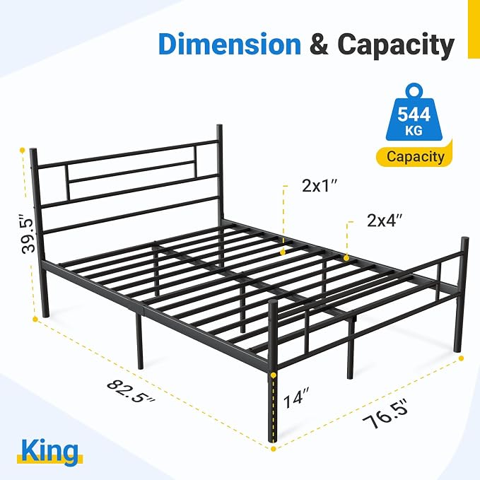 Avenco Metal Platform Bed Frame King Size with Classical Headboard and Footboard, 14 Inch, Under Bed Storage, Strong Metal Slats Support, Mattress Foundation, No Box Spring Needed