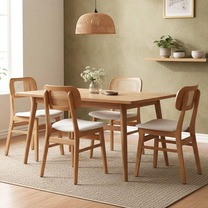 ROCITY Rattan Dining Chairs Set of 4 Beige Linen Fabric Dining Room Chairs Natural Wooden Kitchen Chairs Farmhouse Boho