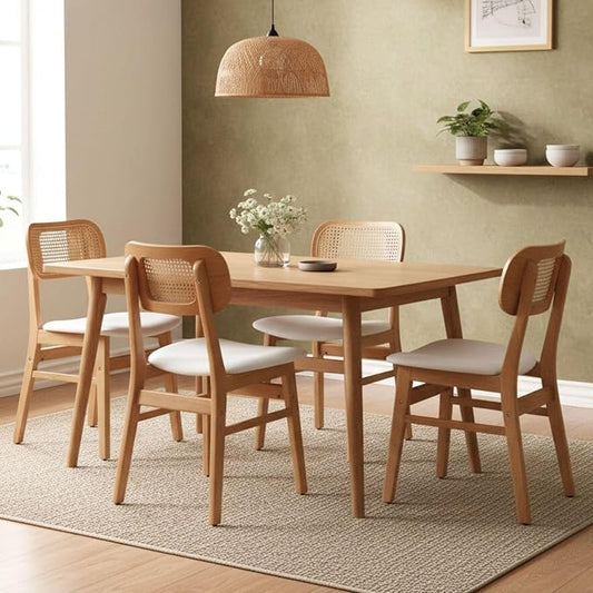 ROCITY Rattan Dining Chairs Set of 4 Beige Linen Fabric Dining Room Chairs Natural Wooden Kitchen Chairs Farmhouse Boho