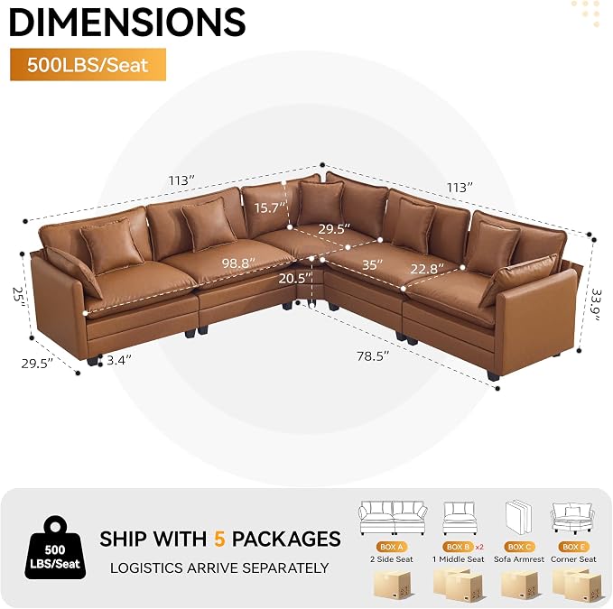 137'' V Shaped Cloud Sectional Sofa, Oversized Deep Seat Leather Couches for Living Room, Comfy Upholstered Modular Sectional Sofa Couch, Leather Light Brown