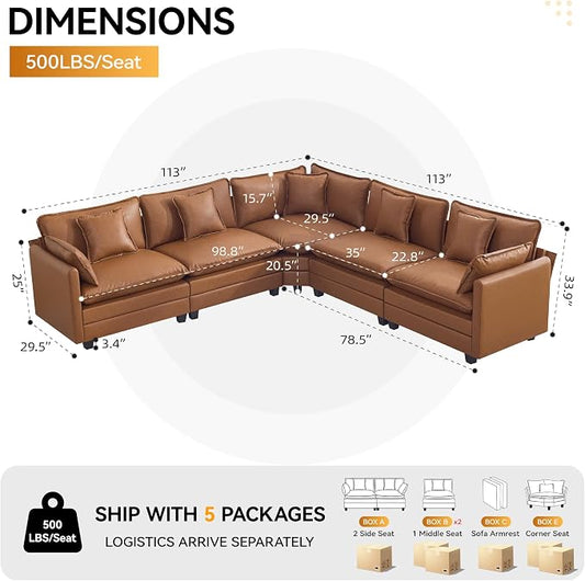137'' V Shaped Cloud Sectional Sofa, Oversized Deep Seat Leather Couches for Living Room, Comfy Upholstered Modular Sectional Sofa Couch, Leather Light Brown