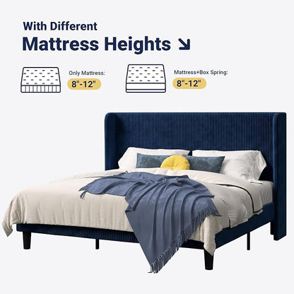 Allewie King Size Bed Frame with Upholstered Wingback Headboard, Vertical Channel Tufted Corduroy Velvet Platform Bed, Strong Wooden Slats Support, No Box Spring Needed, Easy Assembly, Dark Blue
