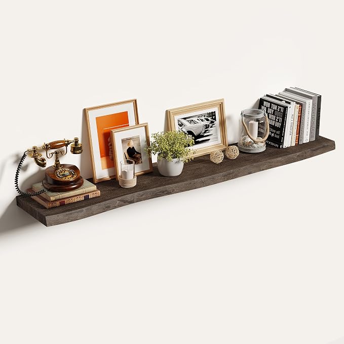 Vivelove Live Edge Floating Shelves 55 Inch Elm Wood, Rustic Farmhouse Wall Shelf with Invisible Bracket for Living Room Bedroom Bathroom Office Book, 55x8x1.4- Set of 1 - Dark Walnut