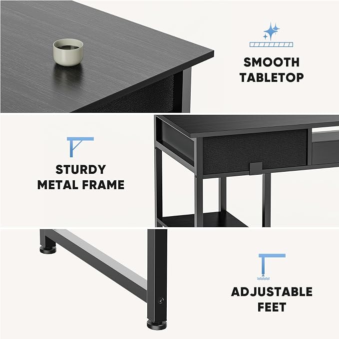 DUMOS 48" Small Computer Home Office Desk for Bedroom with Drawers, Gaming Writing Study Table with Storage Shelf, Adjustable Feet, Compact Desk for Gaming and Home Office Use, Black