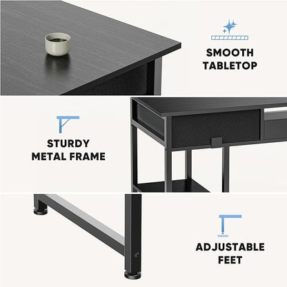 DUMOS 48" Small Computer Home Office Desk for Bedroom with Drawers, Gaming Writing Study Table with Storage Shelf, Adjustable Feet, Compact Desk for Gaming and Home Office Use, Black