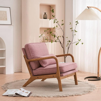 Bonnlo Linen Pink Mid Century Modern Accent Chair, Soild Wood Padding Lounge Armchairs Side Sitting Chairs for Living Room, Bedroom, Guest Room