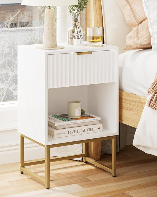 Masupu White Nightstand, Fluted Night Stand, Wood Bedside Table with Storage Drawer, Modern Side End Table for Bedroom, White
