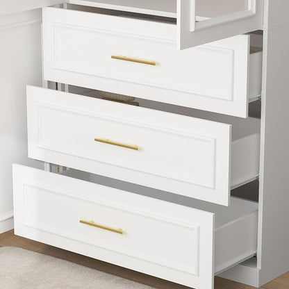 Timechee Almirah for Clothes Combination, White Wardrobe Closet Bedroom Storage Cabinets with Tempered Glass Doors and Shelves, Armoire with Drawers, Large Standing Wardrobe Storage Closet for Bedroom