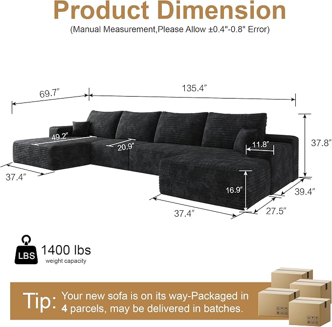 AUGOP 136" Sectional Couches for Living Room Modern Modular Sofa with L-Shape Couchs Upholstered Boneless Couch Deep Seat Sectional Couch with Chaise (Black, Left Facing Chaise+3Seaters+Ottoman)