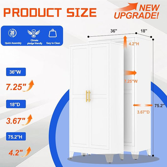 GAIOUS 75'' Tall Metal Garage Storage Cabinet,File Cabinet with 2 Doors and 5 Adjustable Shelves, Outdoor Steel Tool Cabinet for Home,Office,Warehouse,Garage,White