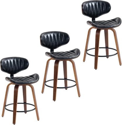 Bar Stools Set of 3, 24 inch PU Leather Wooden Bentwood Barstools Swivel Counter Height Modern Breakfast Bar Chairs with Backrest and Footrest for Kitchen Island, Dining Room D035-Black-3