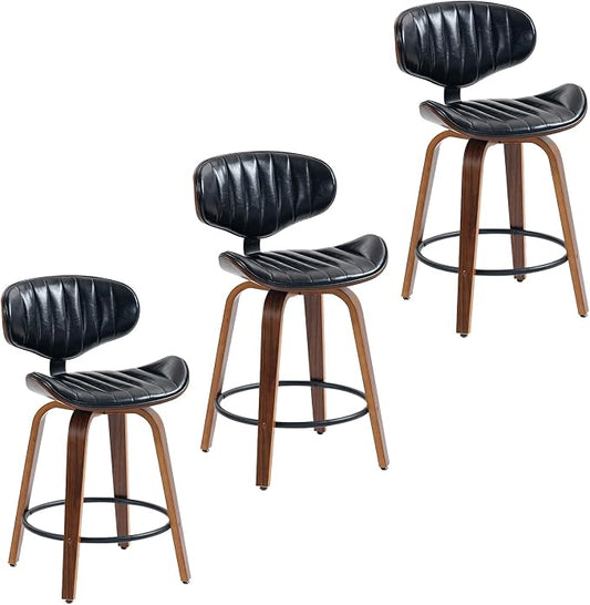 Bar Stools Set of 3, 24 inch PU Leather Wooden Bentwood Barstools Swivel Counter Height Modern Breakfast Bar Chairs with Backrest and Footrest for Kitchen Island, Dining Room D035-Black-3