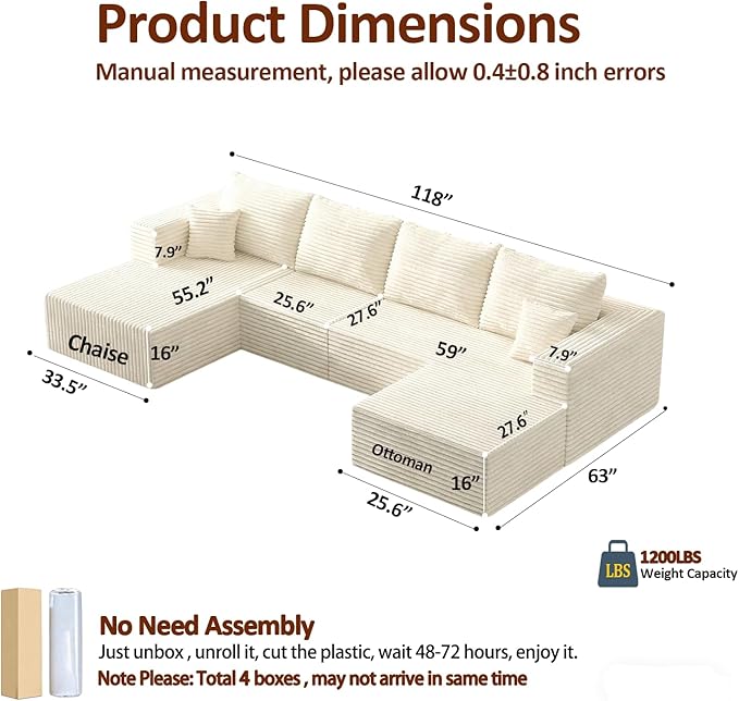 118" U-Shaped Modular Sectional Sofa, Soft Corduroy Cloud Couch with Chaise & Ottoman, Comfy Boneless Couches for Living Room,No-Assembly,Beige (Right Facing Chaise)