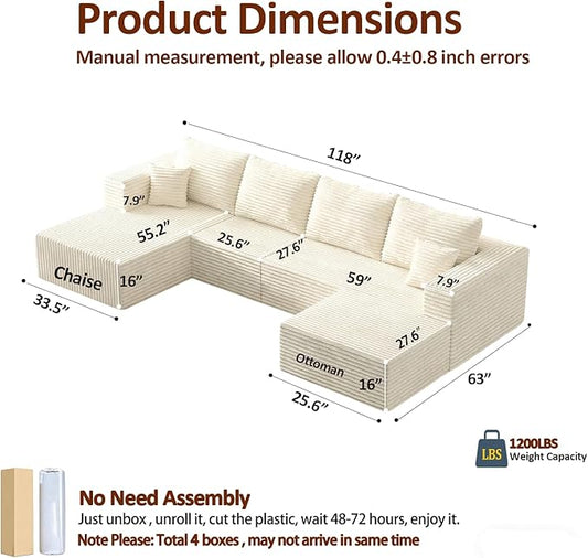 118" U-Shaped Modular Sectional Sofa, Soft Corduroy Cloud Couch with Chaise & Ottoman, Comfy Boneless Couches for Living Room,No-Assembly,Beige (Right Facing Chaise)