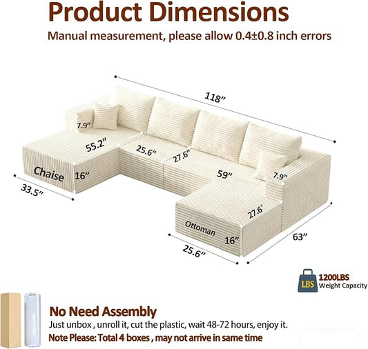 118" U-Shaped Modular Sectional Sofa Set,Soft Corduroy Cloud Couch with Chaise & Ottoman,Deep Seat Boneless Couches for Living Room,No-Assembly - Beige (Left Facing Chaise)