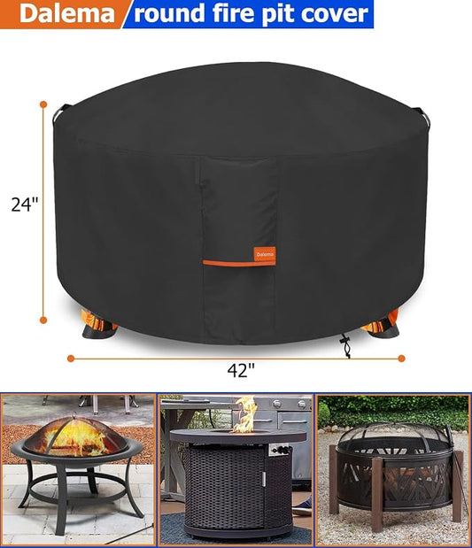 Fire Pit Cover,Outdoor Heavy Duty 600D 100% Waterproof Fire Pit Cover Round,Weatherproof Firepit Covers Round 42" Dia x 24" H,Black