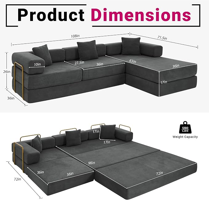 ivoros 108" Oversized Convertible Sleeper Sofa Bed, Corduroy L Shape Sectional Couch, Folding Sofa Bed with Fixed-Shape Frame, Modern Cloud Floor Mattress Couch, Modular Sofa for Living Room,Grey