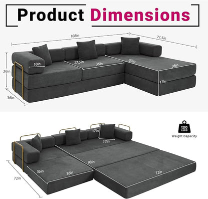 ivoros 108" Oversized Convertible Sleeper Sofa Bed, Corduroy L Shape Sectional Couch, Folding Sofa Bed with Fixed-Shape Frame, Modern Cloud Floor Mattress Couch, Modular Sofa for Living Room,Grey