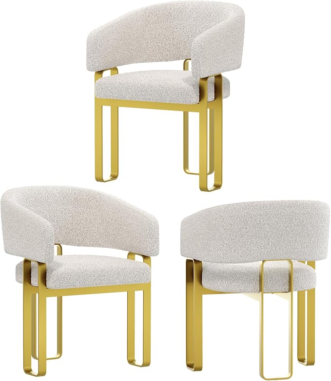 Boucle Dining Chair, Gold Barrel Dining Chair with Arms, Luxury Side Chair with Brushed Gold U-Shaped Legs for Kitchen, Bedroom, Makeup Room (3 PCS)