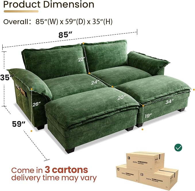 KKL Modular Sectional Sofa Bed with Ottoman, 4 Seaters Cloud Couch with Ottoman, Chenille Sectional Couches for Living Room, Apartment, Green