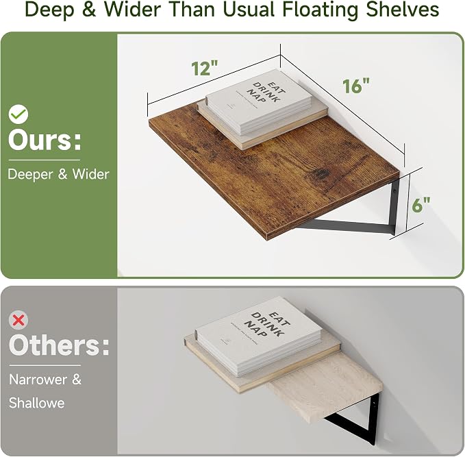 Heimlove Deep Floating Shelves for Wall, Wood Wall, Wide Floating Bookshelf for Living Room, Kitchen, Office, Bedroom and Decor Storage,Rustic Brown with Metal Bracket, 16wx12dx5.8h, 4Shelves
