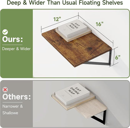 Heimlove Deep Floating Shelves for Wall, Wood Wall, Wide Floating Bookshelf for Living Room, Kitchen, Office, Bedroom and Decor Storage,Rustic Brown with Metal Bracket, 16wx12dx5.8h, 4Shelves