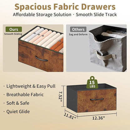 Dresser for Bedroom, Small Fabric Dressers for Kids Bedroom, 9 Drawers Dresser for Closet, Storage Organizer Chest of Drawers for Nursery, Dorm, Apartment, TV Stand, Wood Top, Side Hook (Rustic Brown)