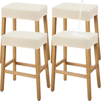 YISUN Stool Covers Rectangle - 4 Pack Stretch Waterproof Saddle Seat Cover Counter Bar Stools Bar Chairs Covers Kitchen Island Chairs Cushion Protector (4, Beige)
