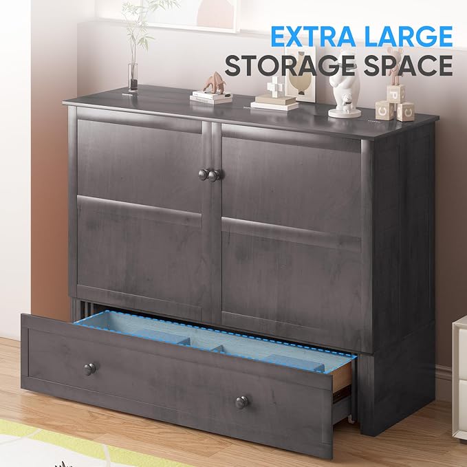 PUREMIND Queen Murphy Bed with Mattress Included, Murphy Cabinet Bed with Storage Drawer, Built-in Charging Station, Solid Wood Frame, Space-Saving Cabinet Beds for Small Spaces/Guest Room (Gray)