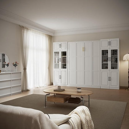 Bobve Farmhouse Murphy Bed Queen, 85" Wall Bed Folds to Save Space, Concealed Bed Frame with 2 Glass Storage Cabinets and Wall Mounted Features for Apartment/Office/Guest Room