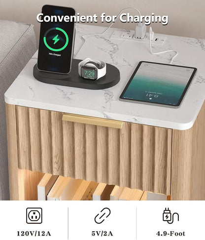 Akxomel Fluted Nightstand, Wooden Night Stand with Charging Station and LED Light, Modern Bedside Table with Drawer and Faux Marble Top, 15" D x 15.7" W x 22.6" H, for Bedroom, Natural Oak and White