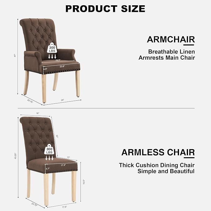 AODCHR Upholstered Fabric Accent Dining Chair Set of 6, Elegant Tufted Dining Room Chairs, Kitchen Room 2 Arm with 4 Armless, Brown