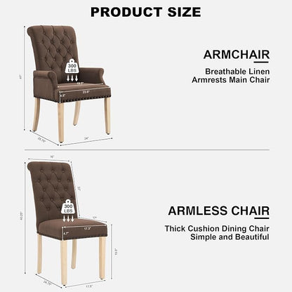 AODCHR Upholstered Fabric Accent Dining Chair Set of 6, Elegant Tufted Dining Room Chairs, Kitchen Room 2 Arm with 4 Armless, Brown