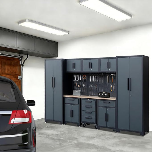 Garage Storage Cabinet System, 9PCS Tool Chest Workbench Storage System in Black, Included Steel Cabinets Drawers Rolling Chest and Pegboard,Locked Garage Storage Cabinet,Grey Handle