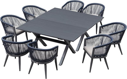 PURPLE LEAF Outdoor Dining Set for 8 All-Weather 10 Pieces Patio Aluminium Dining Oversized Table and Rope Weave Chairs Included Cushions for Backyard Indoor Kitchen Patio Furniture Set Gray and Navy