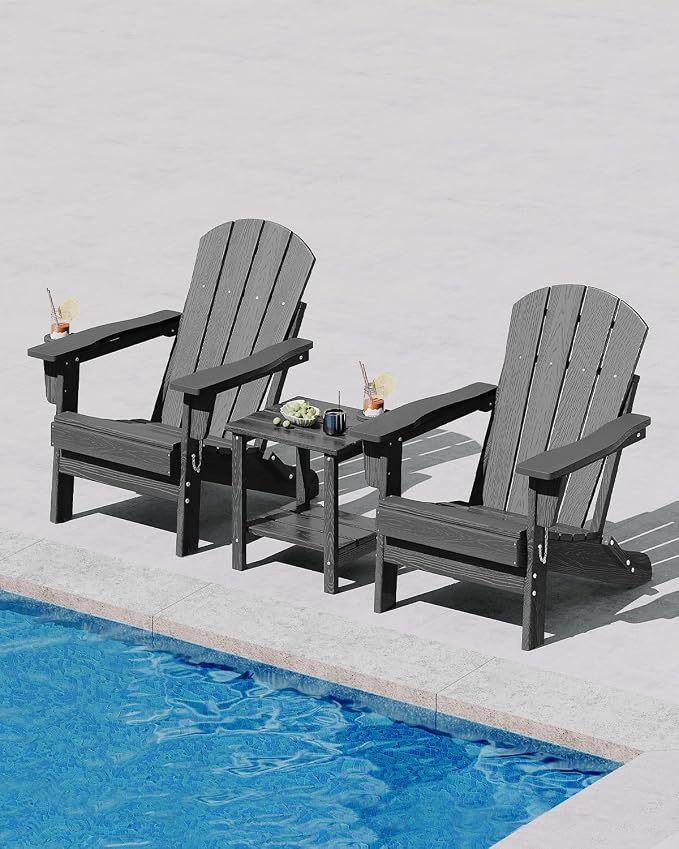 GarveeLife Folding Adirondack Chair Set of 2 with Side Table, All-Weather HDPE Outdoor Chair, Wooden Textured with Cup Holder for patios, Decks, Gardens, fire pits, Grey