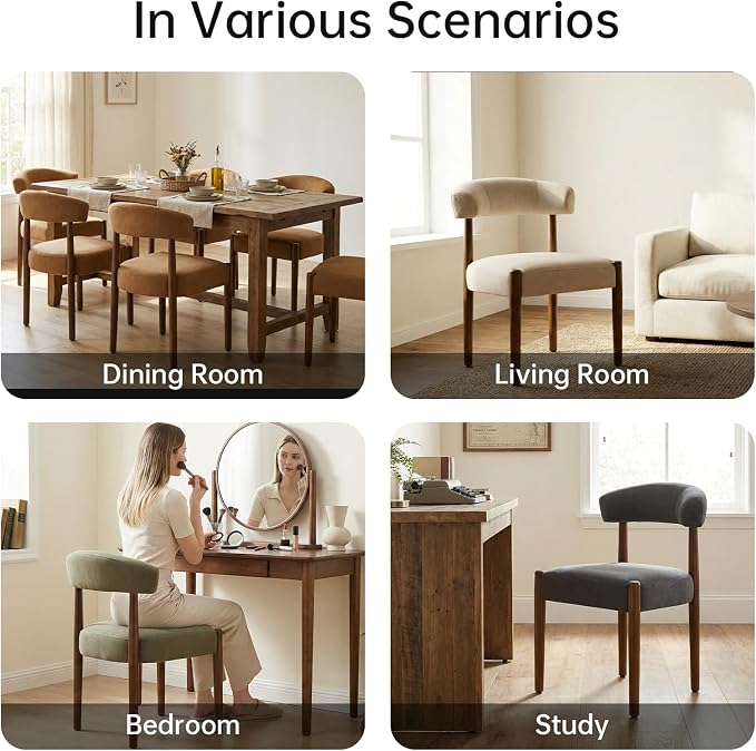 VKNOW Wooden Dining Chairs Set of 4, Modern Upholstered Dining Room Chairs with Walnut Wood Legs and Curved Backrest, Fabric Kitchen Chairs for Farmhouse/Living Room/Dining Room, Green