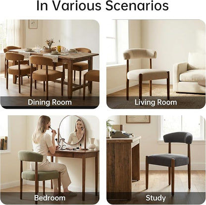 VKNOW Wooden Dining Chairs Set of 2, Modern Upholstered Dining Room Chairs with Walnut Wood Legs and Curved Backrest, Fabric Kitchen Chairs for Farmhouse/Living Room/Dining Room, Orange