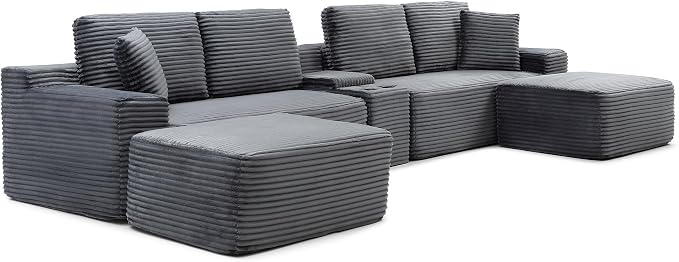 ivoros 125 Inch Modular Sectional Sofa Couch, Oversized Modern Cloud Couch for Living Room, U Shape Couches with 2 Ottomans, USB Ports and Cup Holders, Grey Corduroy Boneless Sofas, Sofa in a Box