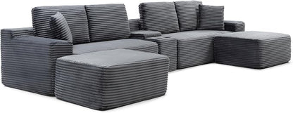 ivoros 125 Inch Modular Sectional Sofa Couch, Oversized Modern Cloud Couch for Living Room, U Shape Couches with 2 Ottomans, USB Ports and Cup Holders, Grey Corduroy Boneless Sofas, Sofa in a Box