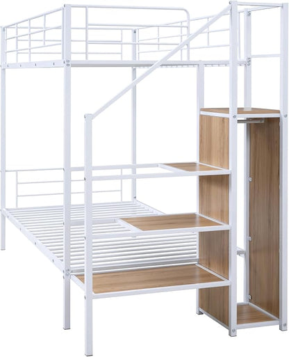 Bellemave Bunk Bed Twin Over Twin，Metal Bunk Bed with Storage Stairs and Wardrobe, Bunk beds for Adults/Kids/Teens, White