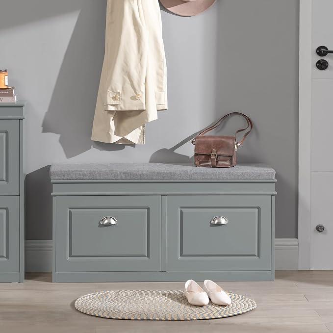 SoBuy Grey Storage Shoe Bench with 2 Flip Drawers, Hidden Shoe Bench, Free Standing Shoe Rack, Shoe Cabinet, Hallway Storage Bench with Seat Cushion FSR64-HG