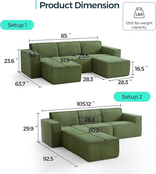 LINSY HOME Modular Sectional Sofa, 105" Boneless Couch U Shaped 3-Seat Sofa with 2 Ottomans, Corduroy Sectional Cloud Couches for Living Room, No Assembly Required(Green)